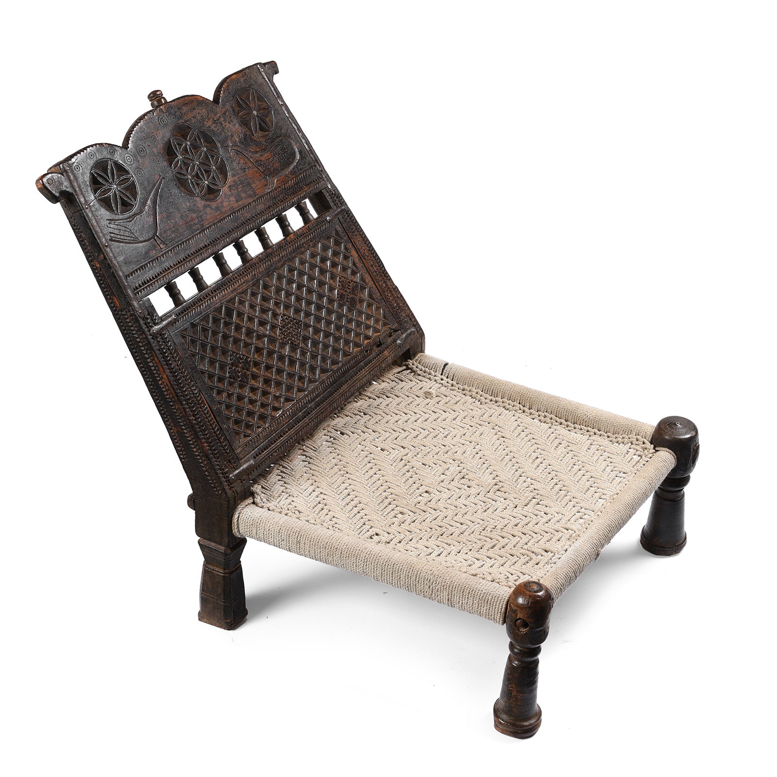 Antique Chip Carved Low Pidha Chair From Rajasthan - 19th Century | INDIGO ANTIQUES