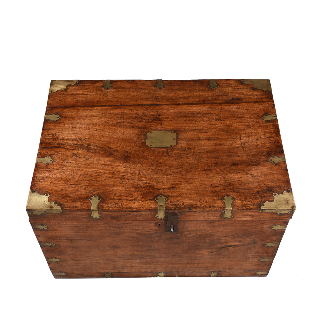 Top Down View Of Antique Brass Bound Teak Indian Military Chest From Rajasthan -19th Century | Indigo Antiques