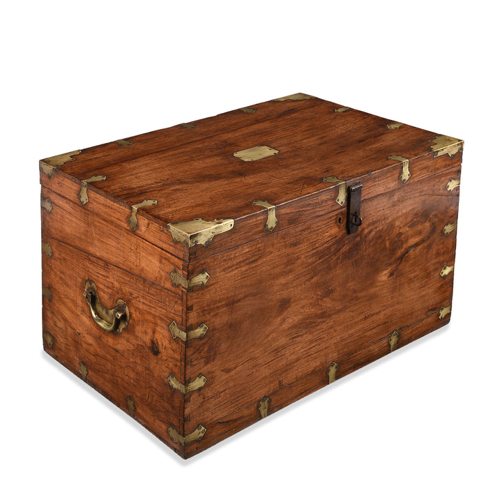 Angled View Of Antique Brass Bound Teak Indian Military Chest From Rajasthan -19th Century | Indigo Antiques