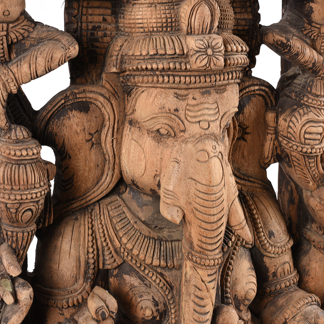 Ganesh Head Detail From Carved Teak Panel Of Ganesh -  From Tamil Nadu | Indigo Antiques