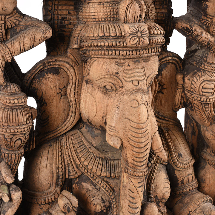 Ganesh Head Detail From Carved Teak Panel Of Ganesh -  From Tamil Nadu | Indigo Antiques