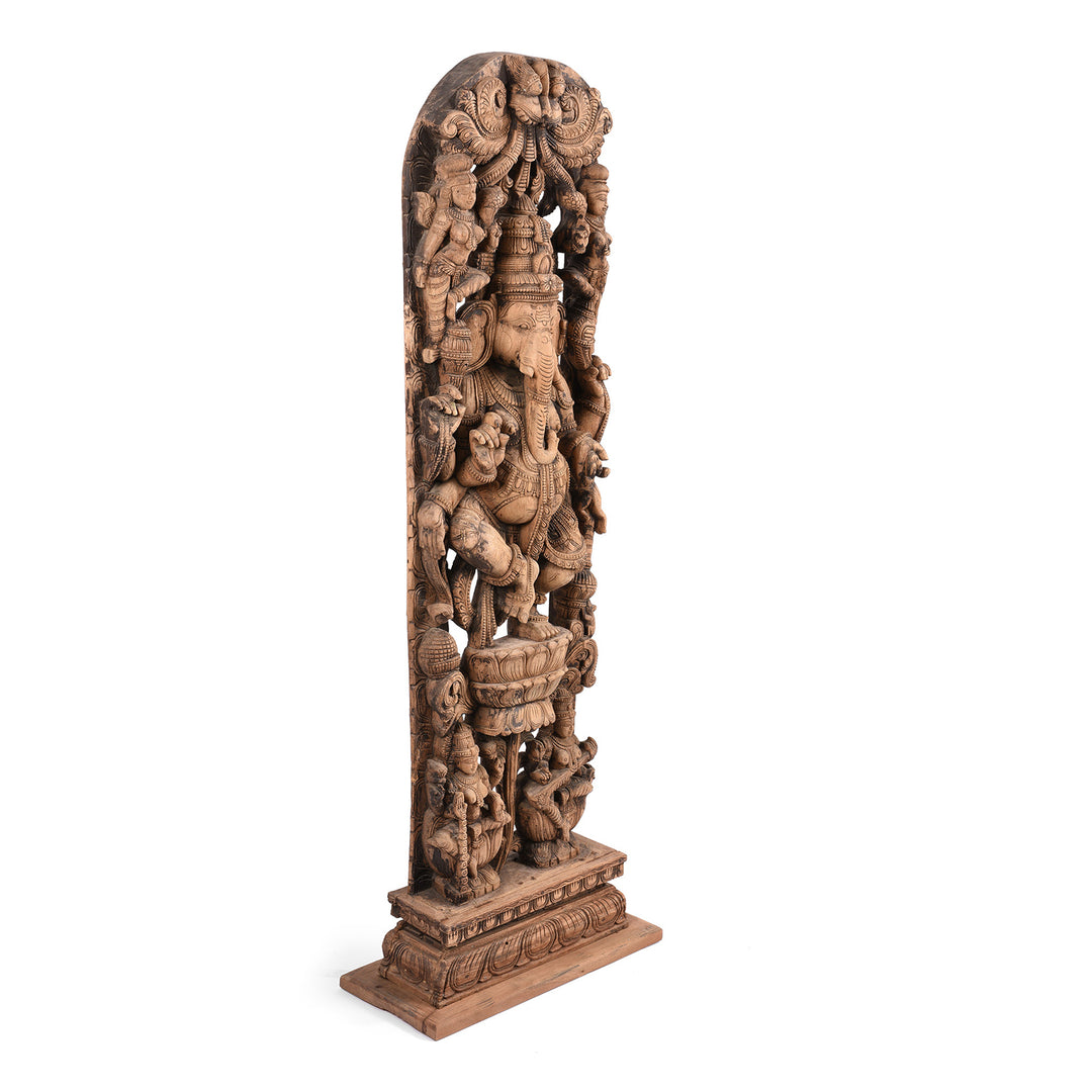 Angled VIew Carved Teak Panel Of Ganesh -  From Tamil Nadu | Indigo Antiques