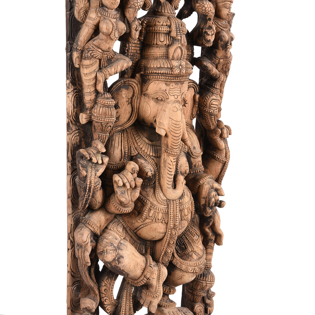 Angled View Of Carved Teak Panel Of Ganesh -  From Tamil Nadu | Indigo Antiques
