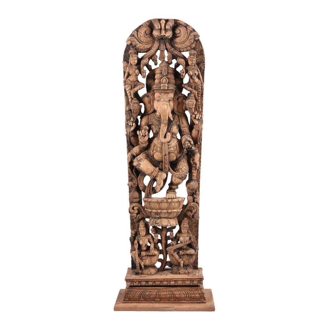 Carved Ganesha Statue With Saraswati & Lakshmi -  From Tamil Nadu | Indigo Antiques