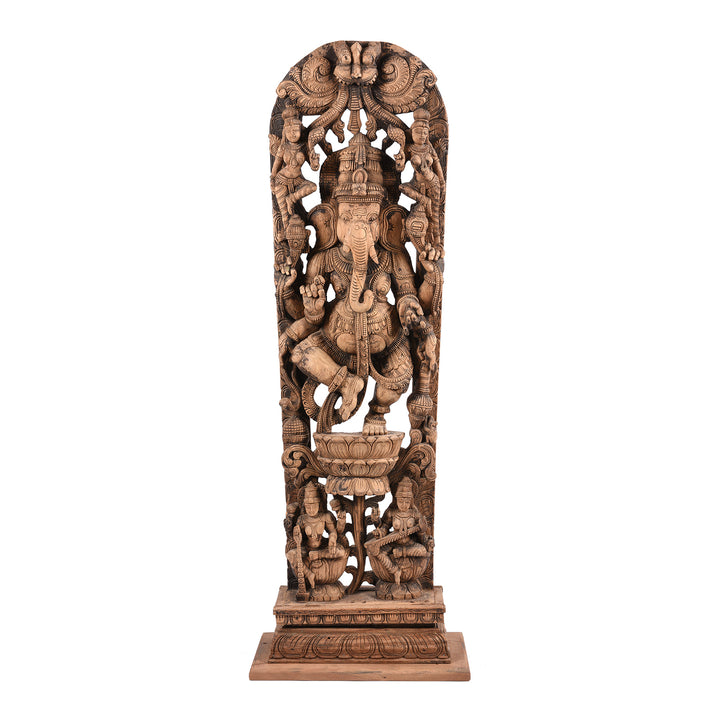 Carved Ganesha Statue With Saraswati & Lakshmi -  From Tamil Nadu | Indigo Antiques