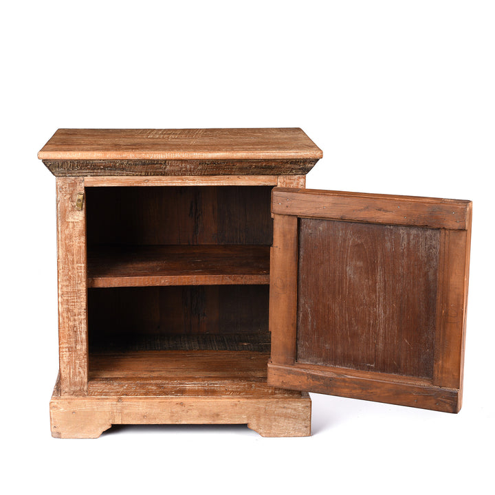 Open Door View Of Bedside Cabinet Made From Reclaimed Carved Teak | Indigo Antiques