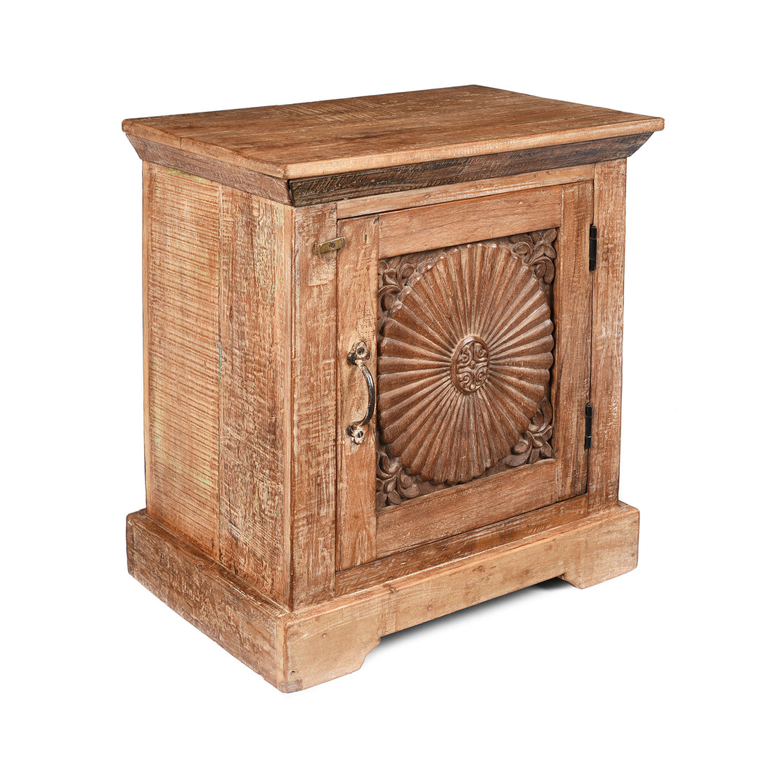 Angled VIew Of Bedside Cabinet Made From Reclaimed Carved Teak | Indigo Antiques