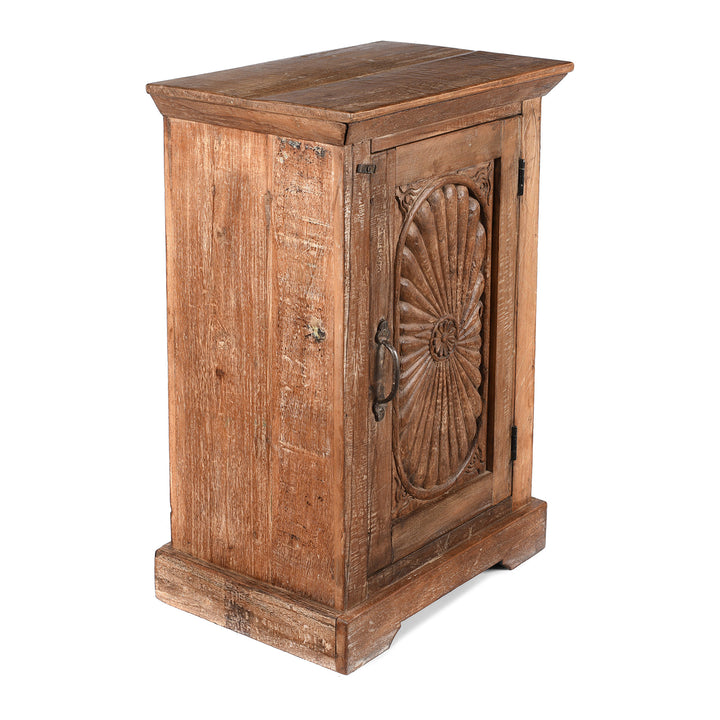 Angled View Of Bedside Cabinet Made From Reclaimed Carved Teak | Indigo Antiques