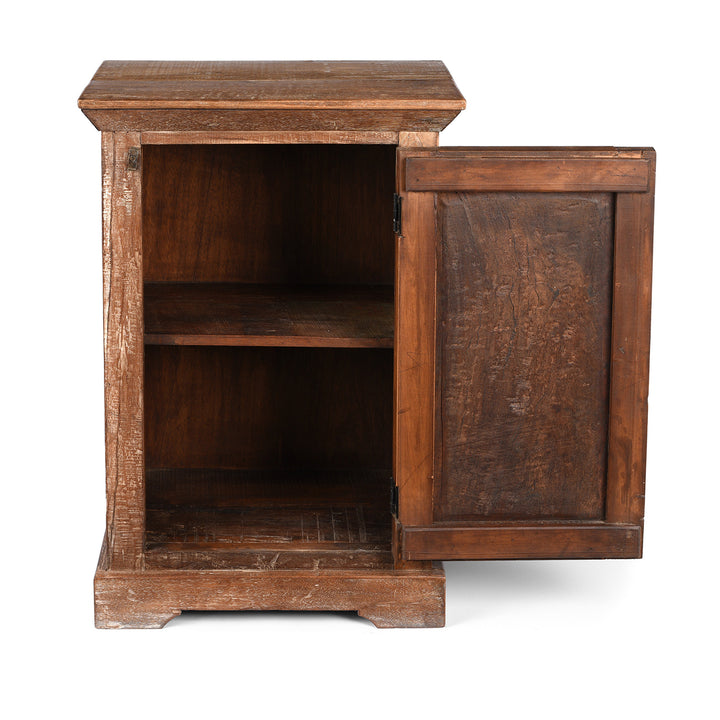 Open Doors View Of Bedside Cabinet Made From Reclaimed Carved Teak | Indigo Antiques