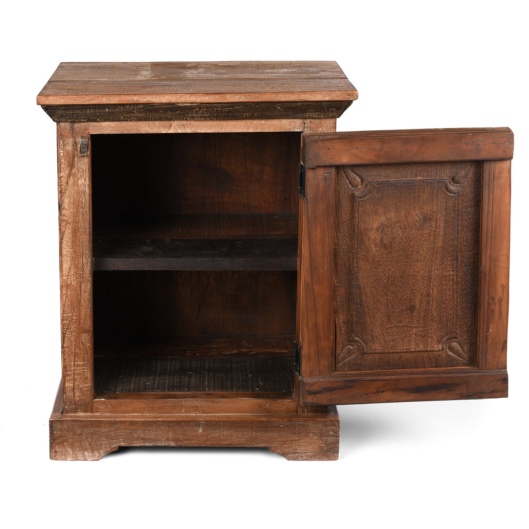Open Door View Of Antique Bedside Cabinet Made From Reclaimed Carved Teak | Indigo Antiques