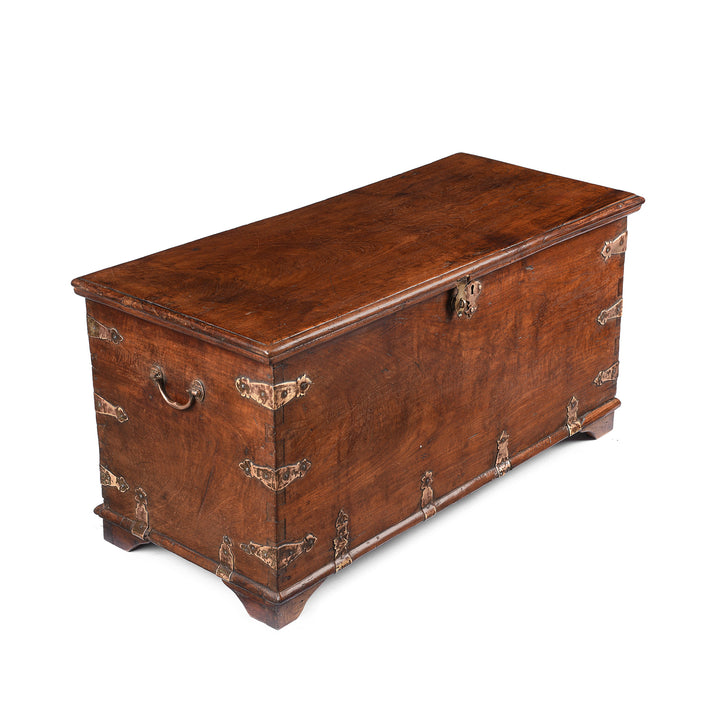 Angled View Of Antique Brass Bound Military Chest From Rajasthan - 19th Century | Indigo Antiques