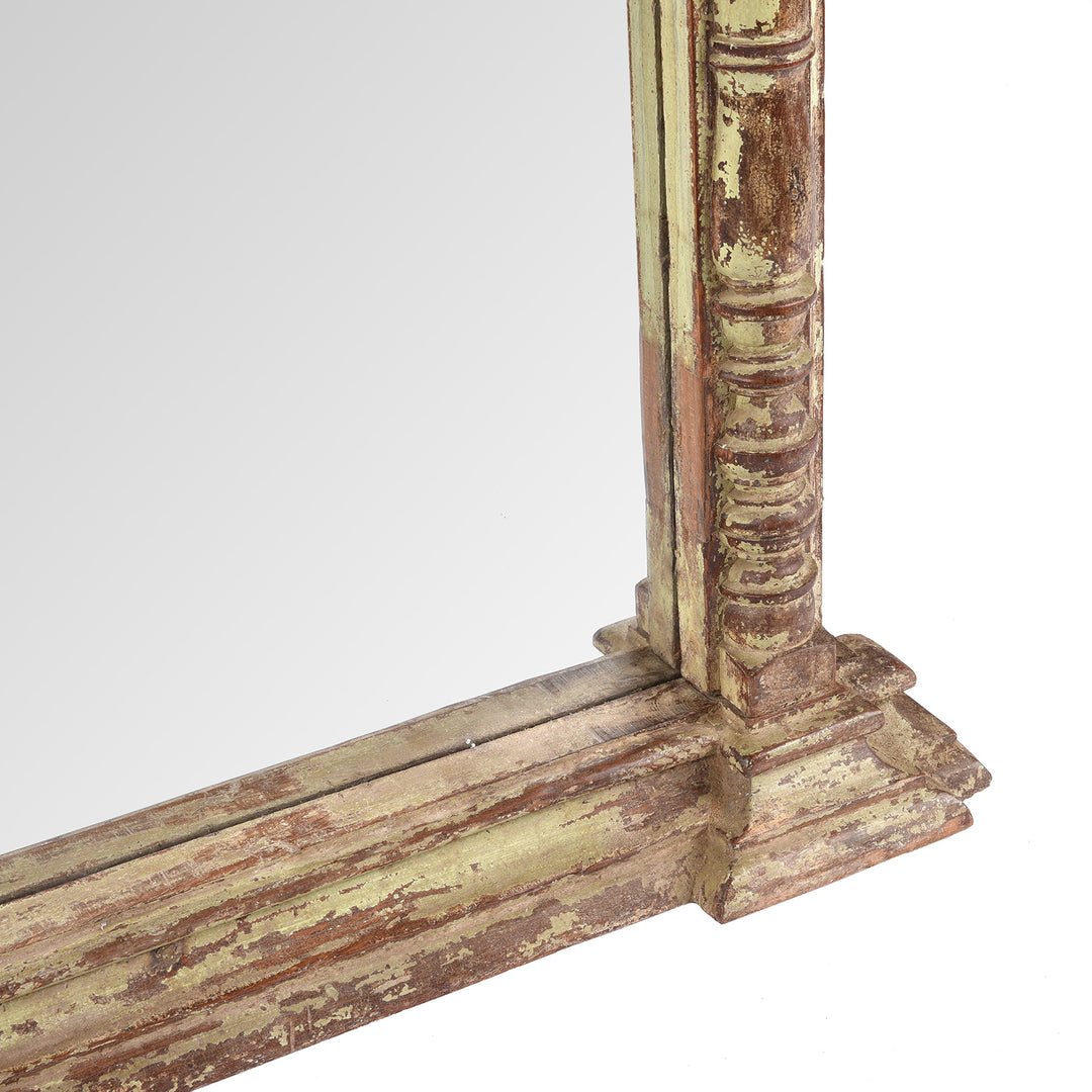 Angled View Of Antique Old Indian Painted Teak Mirror - 19th Century (93 x 99cm) | Indigo Antiques