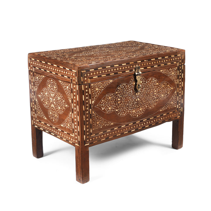 Angled View Of Antique Indian Chest Of Drawers - With Later Bone Inlay Work Ca 1920 | Indigo Antiques