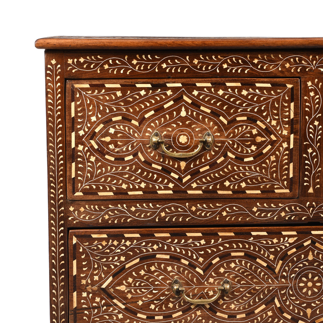 Corner Detail From Vintage Indian Chest Of Drawers - With Later Bone Inlay Work Ca 1920 | Indigo Antiques