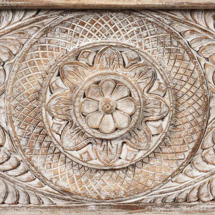 Detail From Carved Blanket Chest Made From Reclaimed Painted Teak | Indigo Antiques