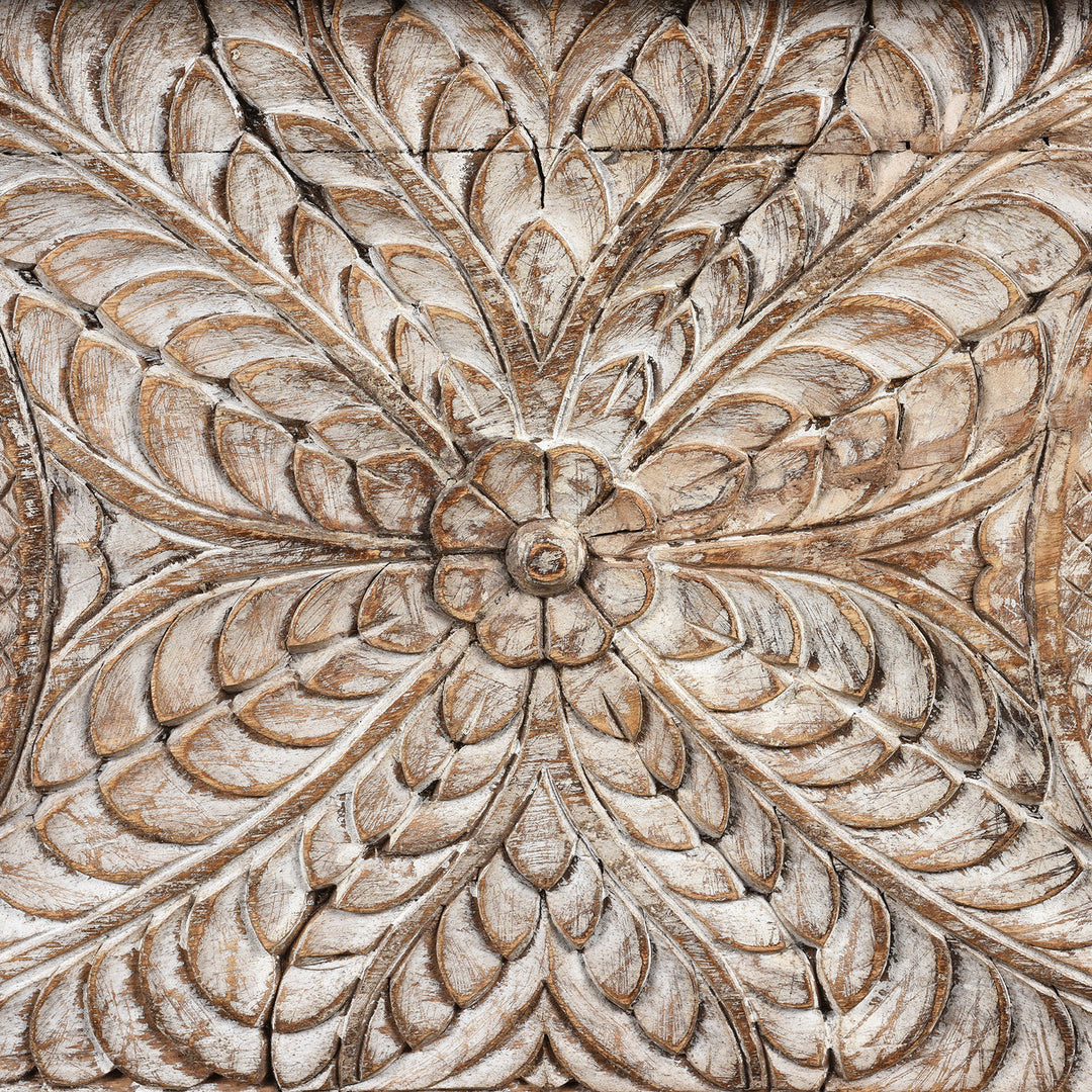 Detail From Carved Blanket Chest Made From Reclaimed Painted Teak | Indigo Antiques