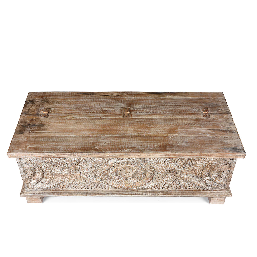 Top Down View Of Carved Blanket Chest Made From Reclaimed Painted Teak | Indigo Antiques