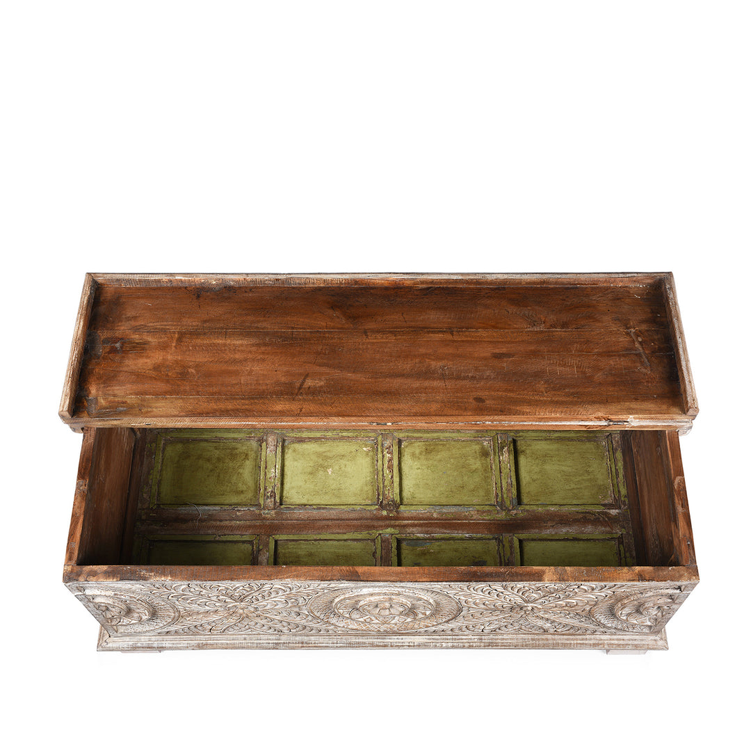 Open Lid View Of Carved Blanket Chest Made From Reclaimed Painted Teak | Indigo Antiques