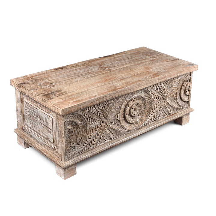Angled View Of Carved Blanket Chest Made From Reclaimed Painted Teak | Indigo Antiques