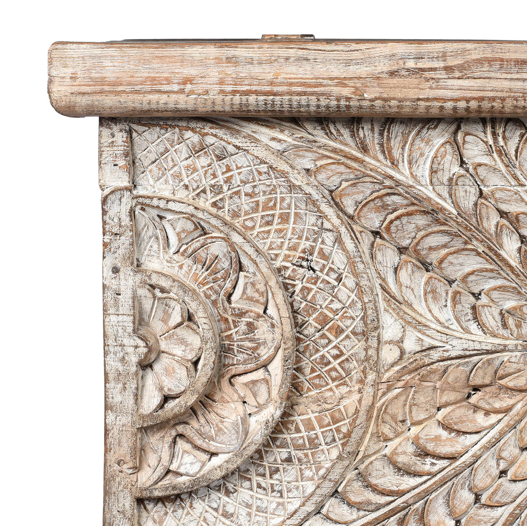 Corner Detail From Carved Blanket Chest Made From Reclaimed Painted Teak | Indigo Antiques