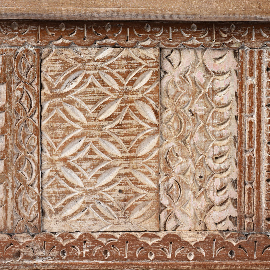 Carving Detail From Reclaimed Teakwood Blanket Chest With Painted Finish | Indigo Antiques