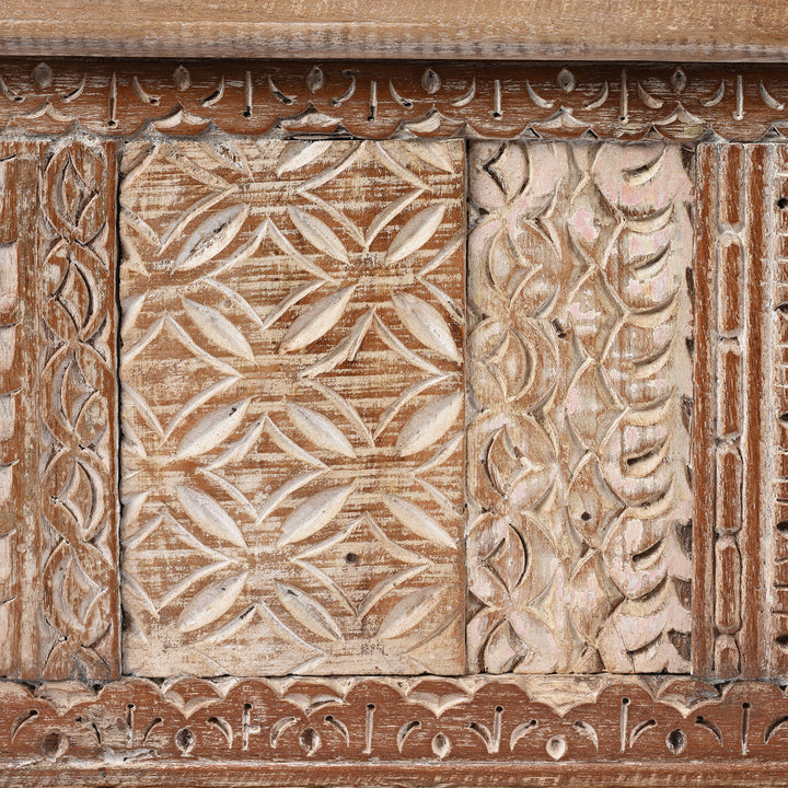 Carving Detail From Reclaimed Teakwood Blanket Chest With Painted Finish | Indigo Antiques