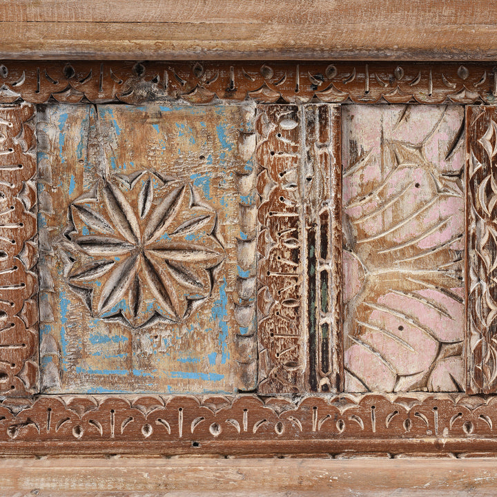 Carving Detail From Reclaimed Teakwood Blanket Chest With Painted Finish | Indigo Antiques