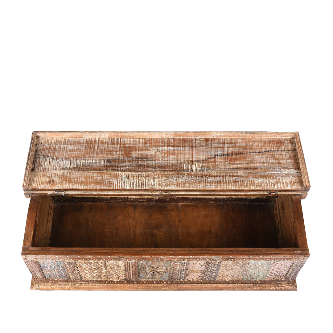 Open Lid View Of Reclaimed Teakwood Blanket Chest With Painted Finish | Indigo Antiques