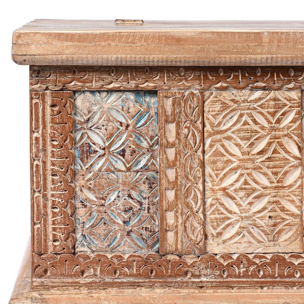 Corner Detail From Reclaimed Teakwood Blanket Chest With Painted Finish | Indigo Antiques