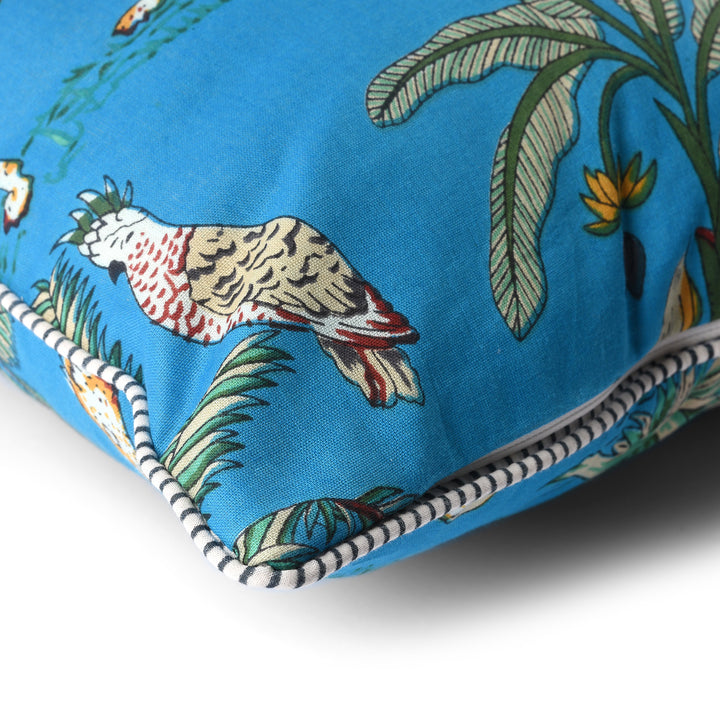 Corner Detail From Cotton Jungle Print Cushion with Pad - Various Colours | Indigo Antiques