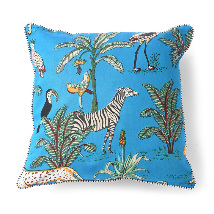 Peacock Blue Cotton Jungle Print Cushion with Pad - Various Colours | Indigo Antiques