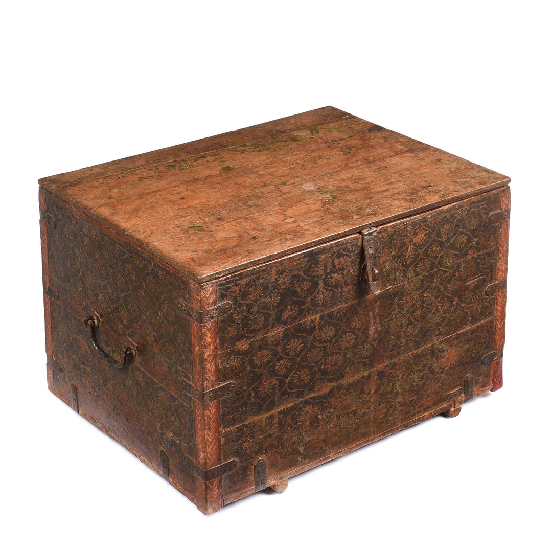 Corner View Of Painted Teak Chest from Nagaur - 18thC | Indigo Antiques