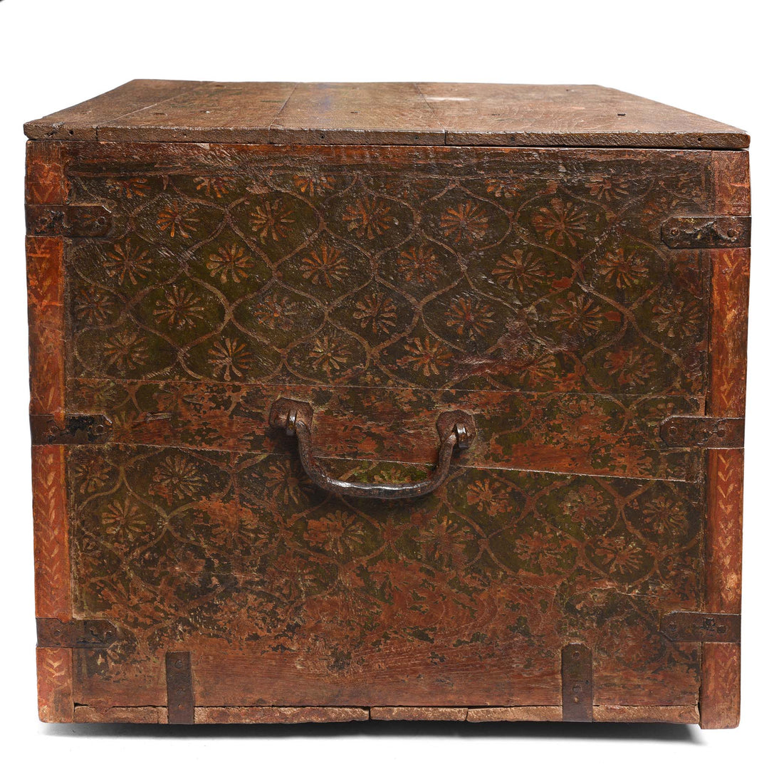 Side VIew Of Painted Teak Chest from Nagaur - 18thC | Indigo Antiques