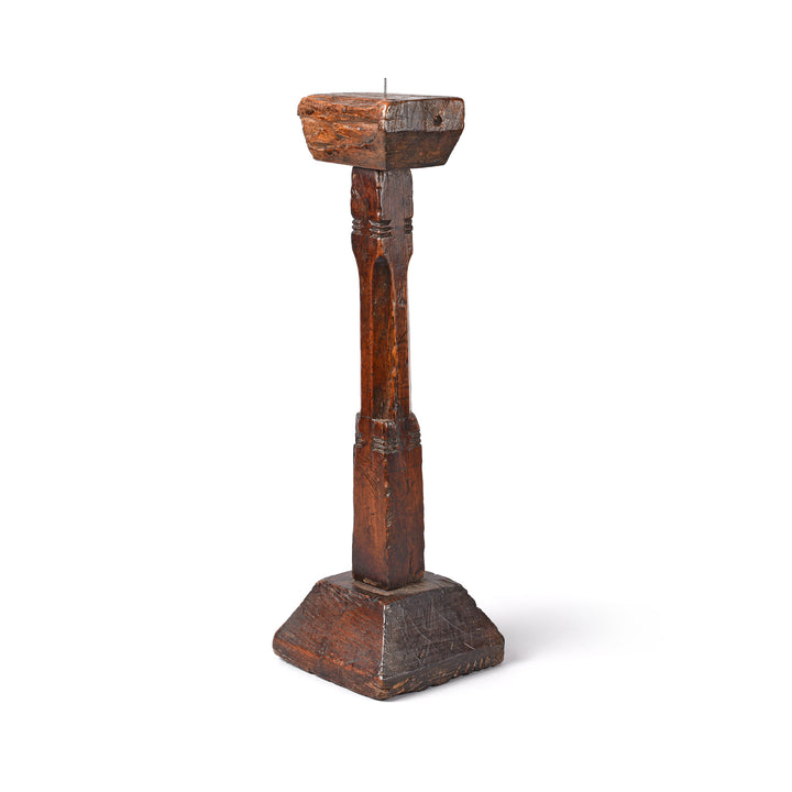Angled View Of Teak Tribal Candlestick from Banswara - 19thC | Indigo Antiques