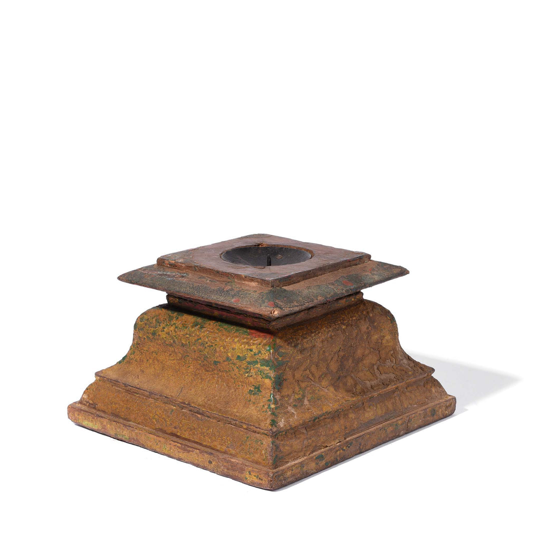 Angled VIew Of Yellow Teak Candle holder Modified From Old Capitol - 19thC : Indigo Antiques