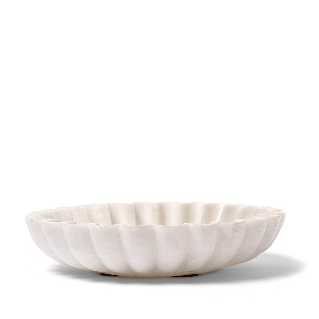 Side View Of Handcarved Indian White Marble Fluted Lotus Bowl | Indigo Antiques