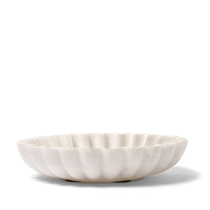 Side View Of Handcarved Indian White Marble Fluted Lotus Bowl | Indigo Antiques