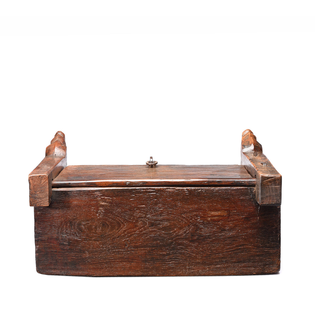 Rear view of an Carved Antique Indian Teak Harpa Box From Banswara - Ca 19thC | Indigo Antiques