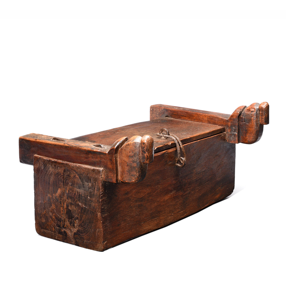 Side view of an Carved Antique Indian Teak Harpa Box From Banswara - Ca 19thC | Indigo Antiques