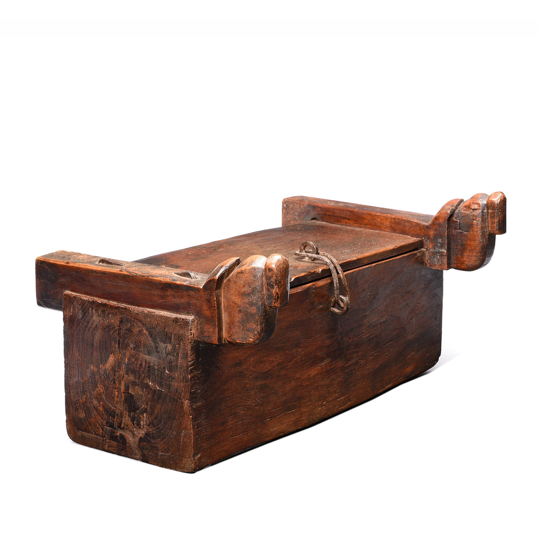 Side view of an Carved Antique Indian Teak Harpa Box From Banswara - Ca 19thC | Indigo Antiques