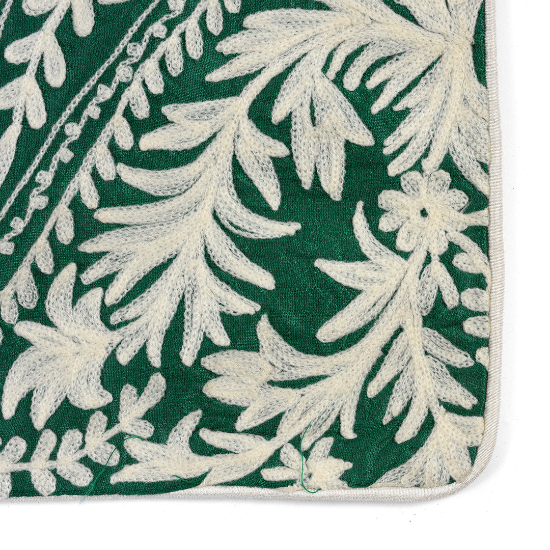 Corner Detail From Embroidered Cushion Cover Green - White Paisley Design | Indigo Antiques