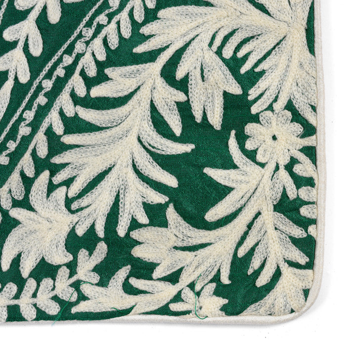 Corner Detail From Embroidered Cushion Cover Green - White Paisley Design | Indigo Antiques