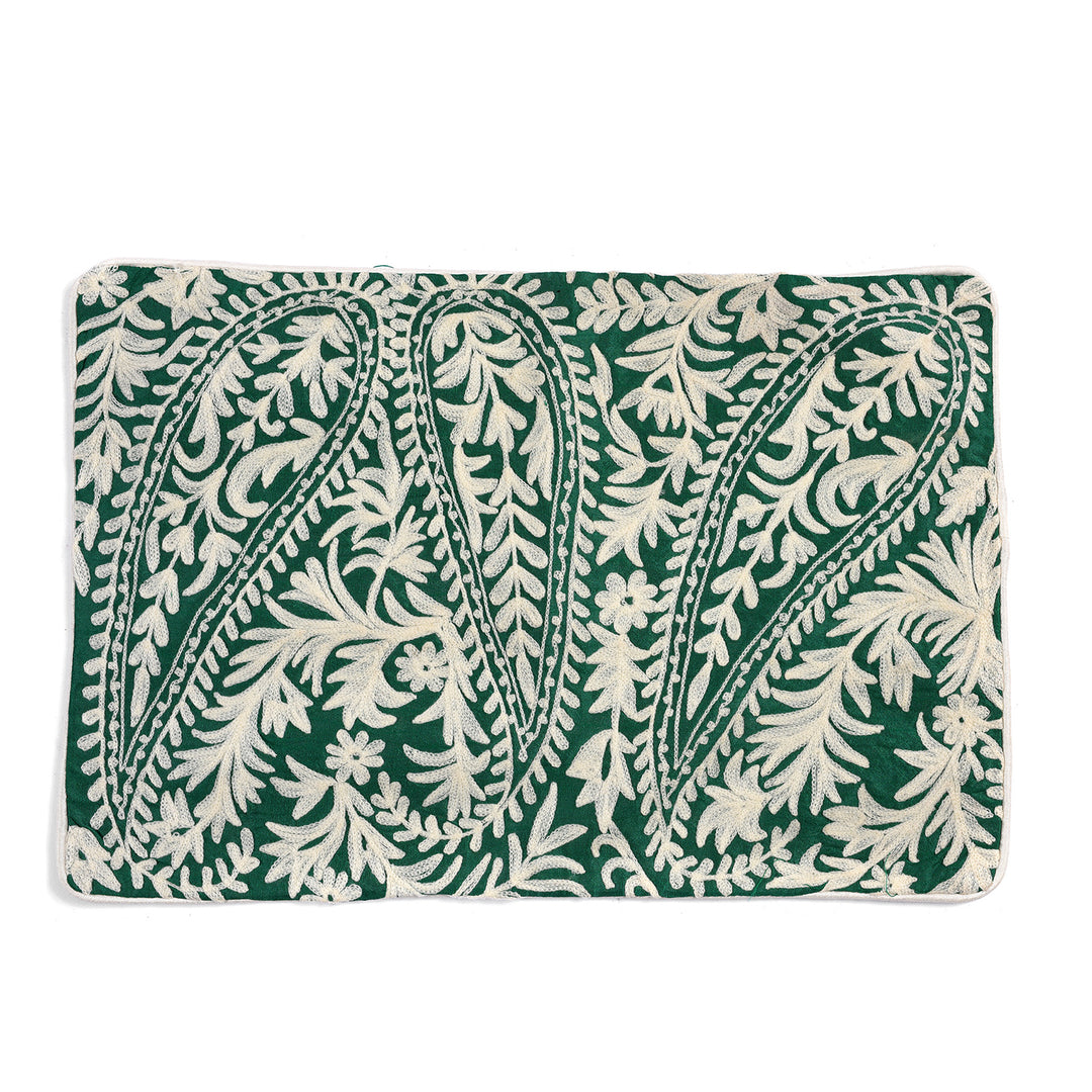 Embroidered Cushion Cover Green - White Paisley Design | Indigo Antiques