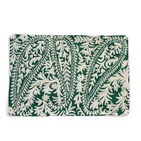 Embroidered Cushion Cover Green - White Paisley Design