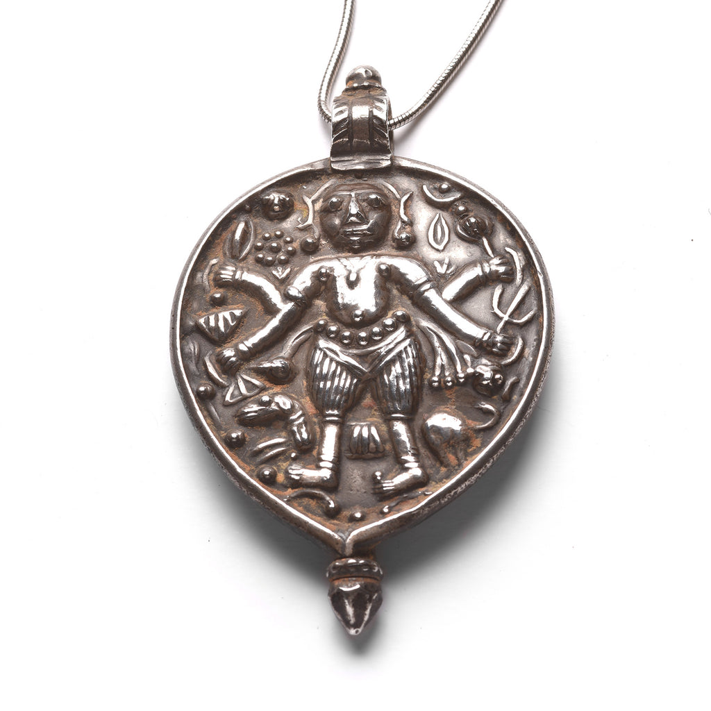 Old Tribal Silver Durga Amulet From Rajasthan With Chain - 19thC