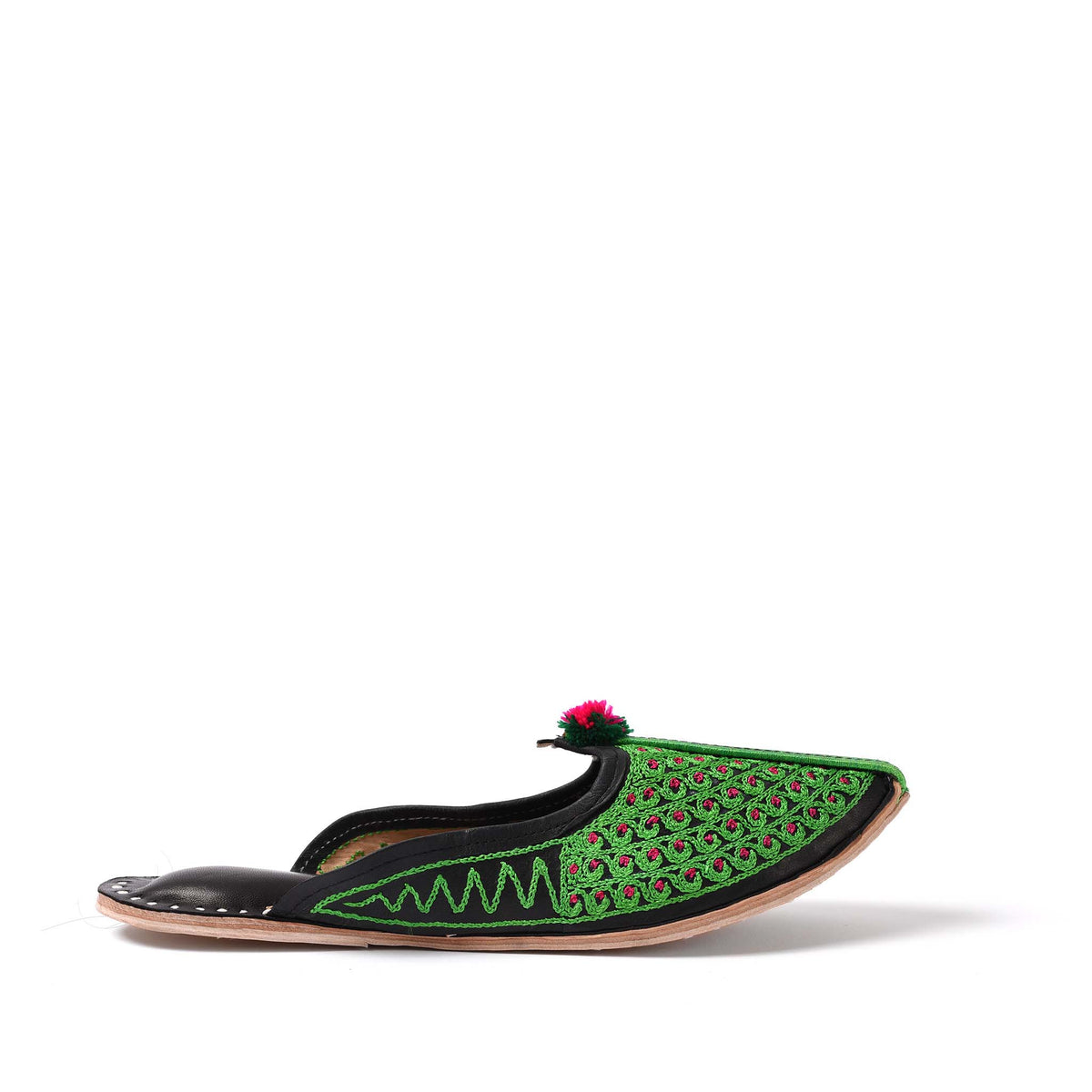 Handmade Indian Jutti Slippers. Green Embroidered Leather | Indigo Antiques