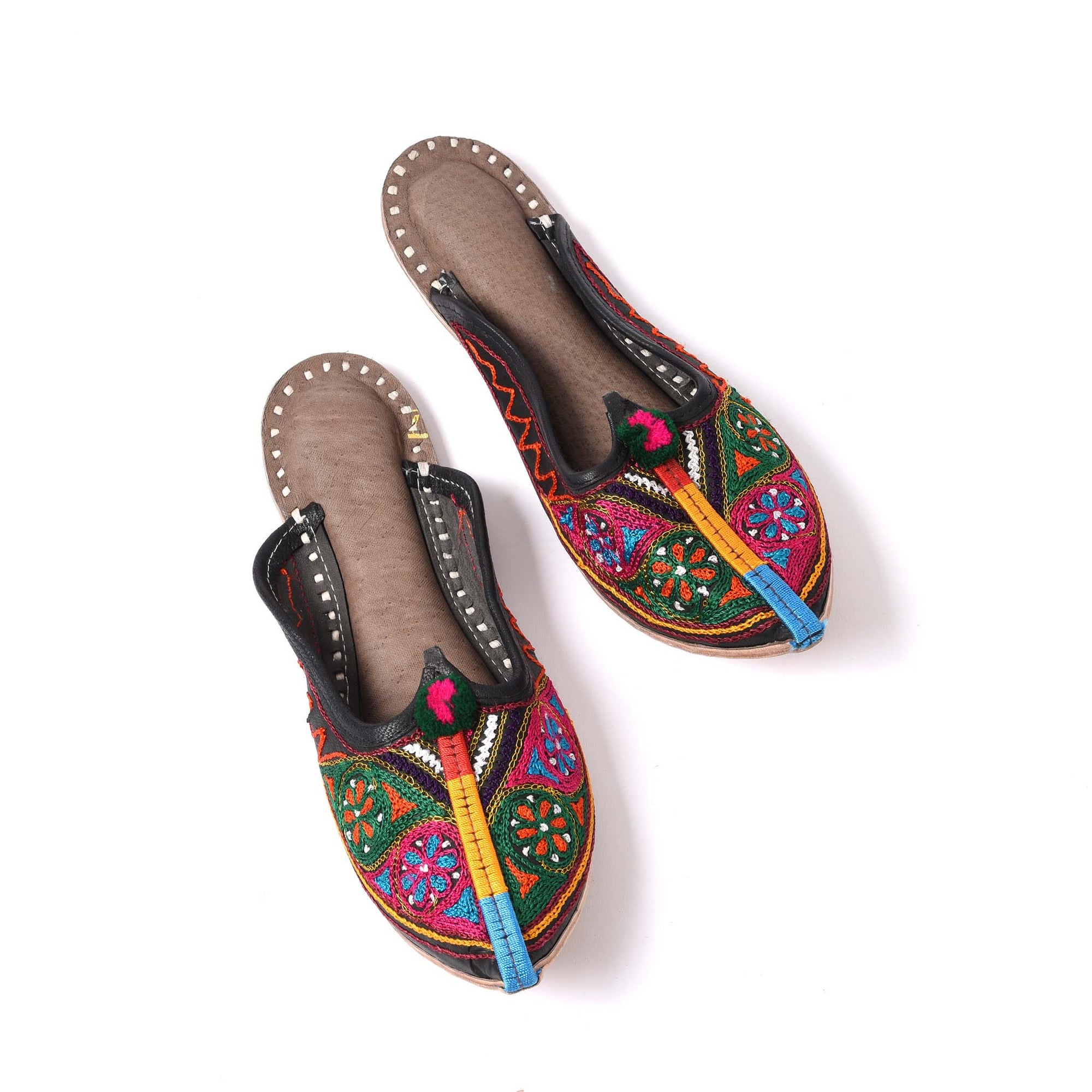 Handmade Indian Jutti Slippers. Multicoloured Embroidered Leather | Indigo Antiques