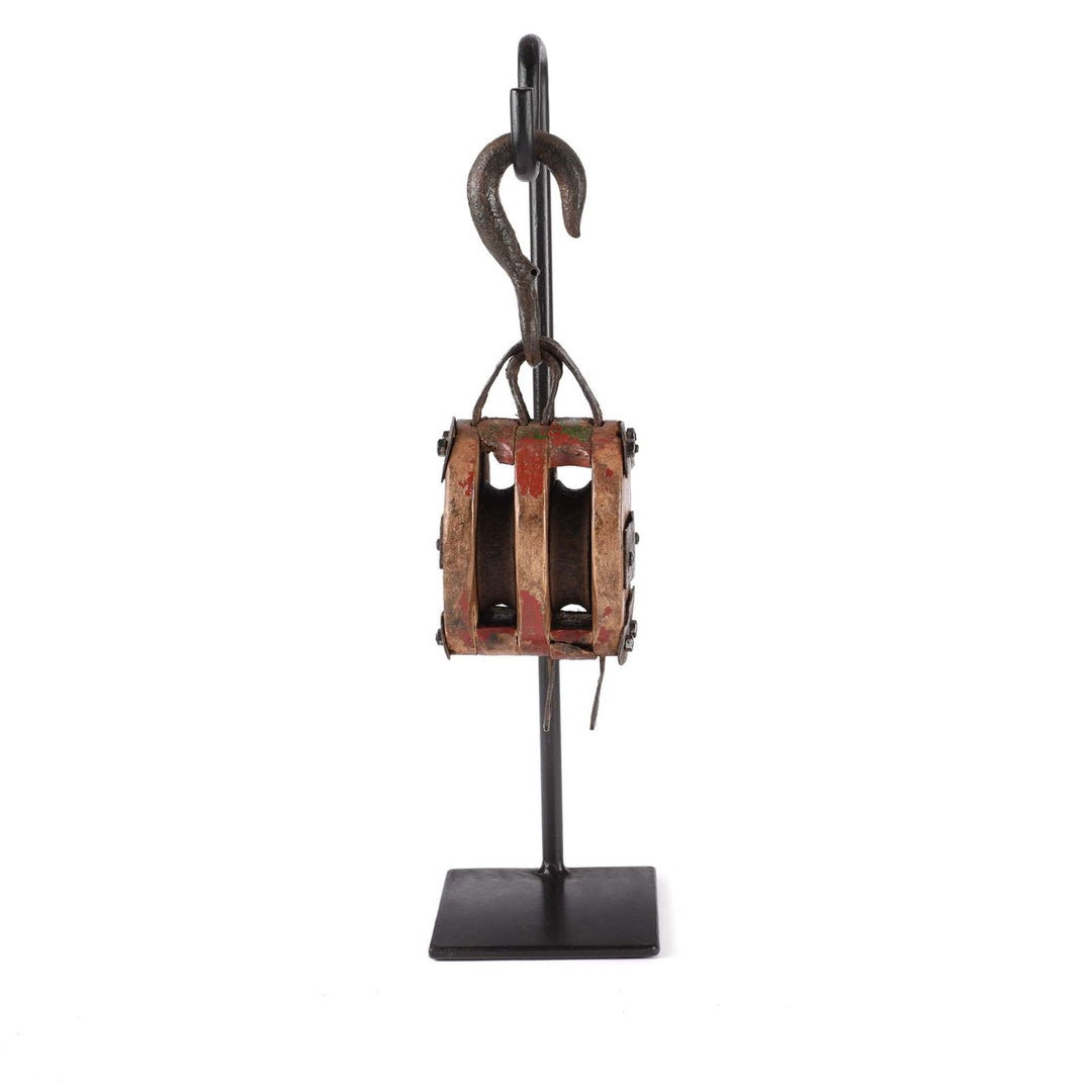 Antique Teak Ships Pulley on Iron stand- Circa 1910 | Indigo Antiques
