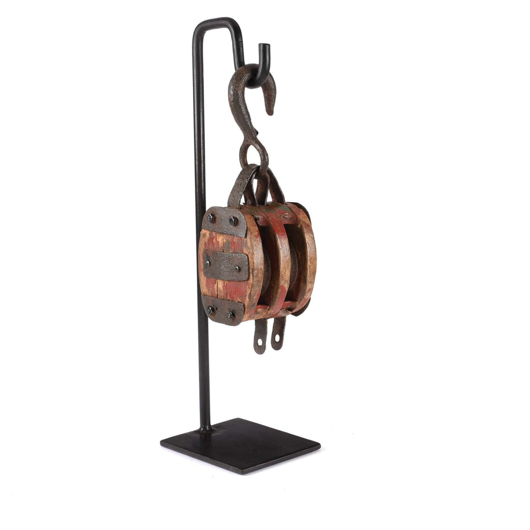 Antique Teak Ships Pulley on Iron stand- Circa 1910 | Indigo Antiques