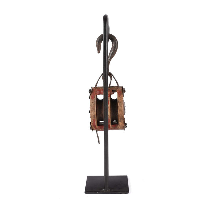 Back Of Antique Teak Ships Pulley on Iron stand- Circa 1910 | Indigo Antiques